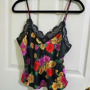 VTG Victoria's Secret Gold Label Black Colorful Floral Lace Trim Camisole Top M